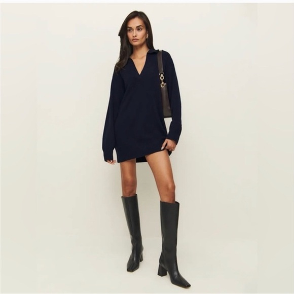 NWT Reformation Maeve Cashmere Polo Dress V-Neck Mini Dress in Navy